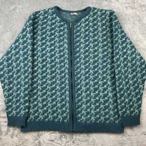 Vtg Alafoss‎ Icewool Sweater Womens M Blue Teal Wool Zip Cardigan Houndstooth